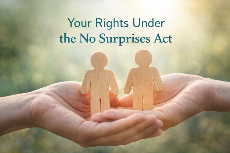 Hands gently holding two wooden human figures, symbolizing protection, care, and patient rights under the No Surprises Act.